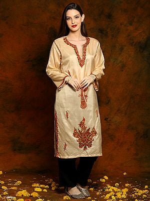 Kashmiri Light Yellow Silk Kurti with Paisley Aari Embroidery