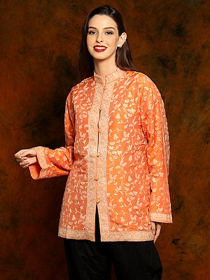 Kashmiri Bright Orange Silk Jacket with Detailed Floral and Paisley Aari Embroidery