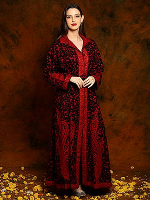 Kashmiri Black Woolen Long Robe with Detailed Floral and Paisley Red Aari Hand-Embroidery and Belt