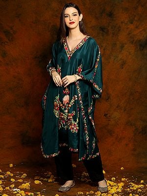 Teal Green Self Shine Silk Kaftan with Floral Aari Embroidery on Neck