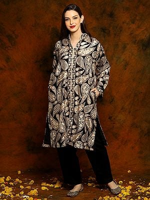 Kashmiri Black Woolen Long Jacket with Detailed Paisley Aari Embroidery and Belt
