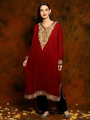 Kashmiri Maroon Woolen Phiran with Paisley Aari Embroidery