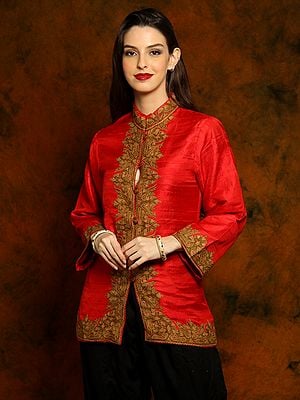 Kashmiri Red Silk Short Jacket with Detailed Paisley Aari Embroidery