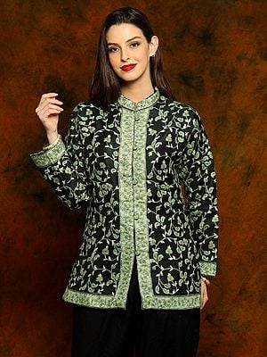 Kashmiri Black Silk Short Jacket with Detailed Paisley Aari Embroidery