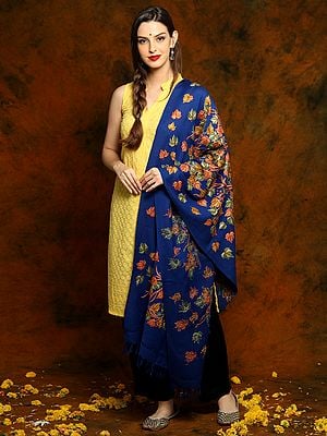 Peacock Blue Fine Wool Shawl with Floral Aari Embroidery