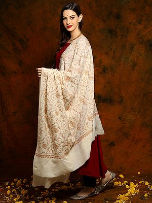 Off White Pashmina Shawl with Sozni All Over Embroidery
