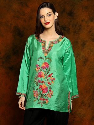 Kashmiri  Green Silk Phiran with Paisley Aari Embroidery