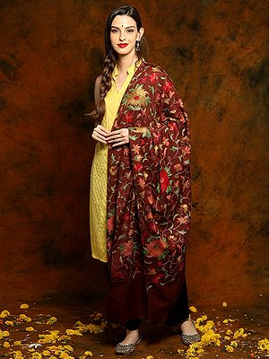Chocolate Brown Fine Wool Shawl with Floral Aari Embroidery