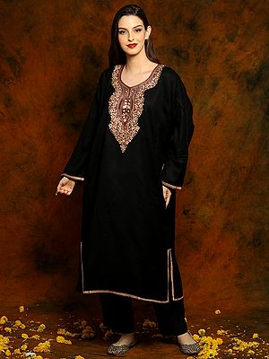 Kashmiri Black Woolen Phiran with Paisley Aari Embroidery
