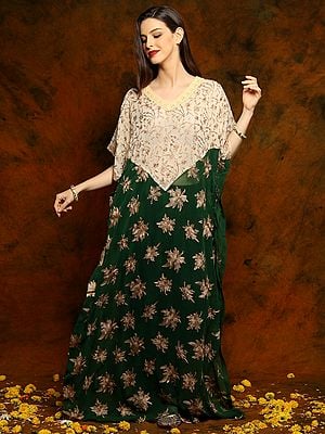Bottle Green Georgette Long Kaftan with over Golden Embroidery and Lace on the Neck