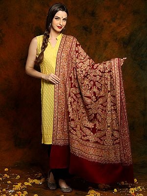 Maroon Pashmina Shawl with Heavily Detailed Floral Aari Embroidery