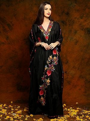 Black Self Shine Silk Kaftan with Floral Aari Embroidery on Neck