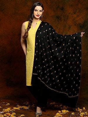 Black Fine Wool Shawl with Floral Fine Embroidery