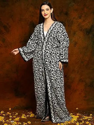Black Fine Woolen Long Cloak with Arabian Sleeves and Detailed Floral and Paisley White Aari Embroidery