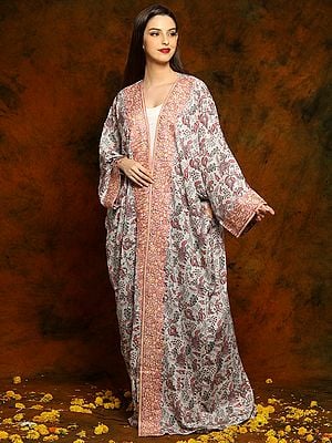 White Floral Rayon Long Bisht with Detailed Floral and Paisley White Aari Embroidery