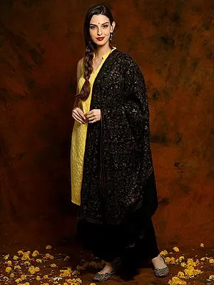 Black Fine Wool Shawl with Fine All-over Embroidery