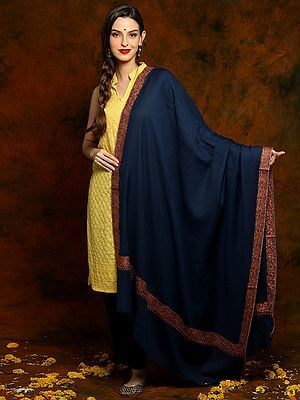 Blue Fine Wool Shawl with Floral Fine Embroidery on Borders