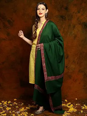 Bottle Green Fine Wool Shawl with Floral Fine Embroidery on Borders