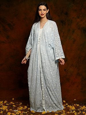 Light Blue Georgette Long Bisht with Detailed Floral and Paisley White Aari Embroidery