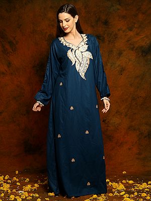 Saphhire Blue Rayon Kashmiri Phiran with Paisley Aari Embroidery