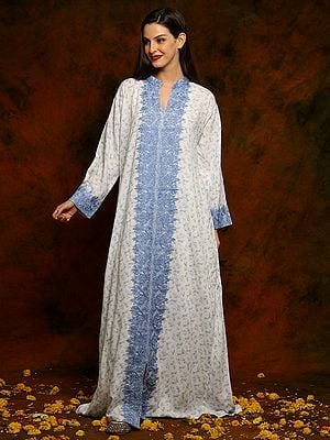 Pure White Floral Print Rayon Kashmiri Abaya with Fine Pastel Blue Print and Aari Embroidery