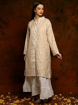 Kashmiri Beige Woolen Long Jacket with Detailed Floral and Paisley White Aari Embroidery