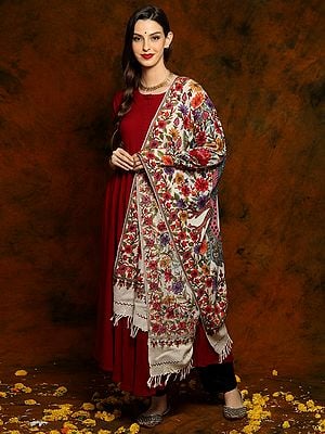 Off White Pashmina Shawl with Floral Aari Embroidery and Peacock and Traditional Murals