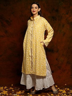 Kashmiri Yellow Fine Woolen Long Jacket with Detailed Floral and Paisley White Aari Embroidery