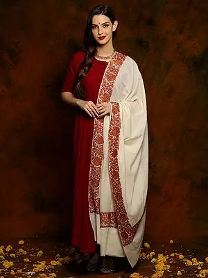 Off White Fine Wool Shawl with Floral Fine Embroidery on Borders