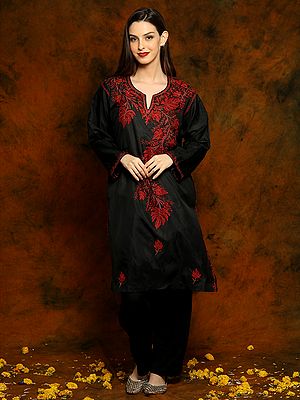 Kashmiri Black Silk Phiran with Red Paisley Aari Embroidery
