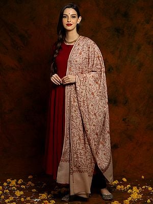 Beige Fine Wool Shawl with Fine All Over Embroidery