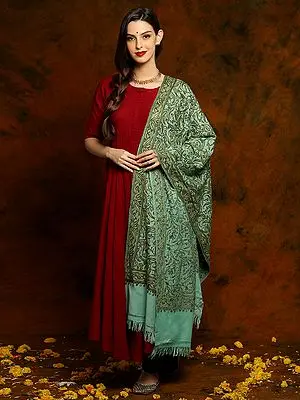Turquoise Fine Wool Shawl with Detailed Aari All Over Embroidery