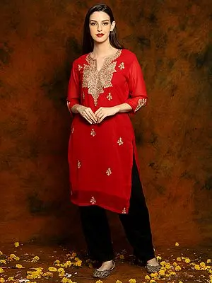 Pure Red Chiffon Kurta with Golden Zari Threadwork on the Neck