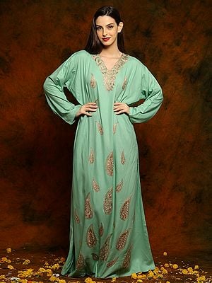 Turqoise Rayon Kashmiri Gown with Detailed Golden Aari Embroidery