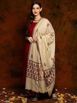 Cream Colored Pashmina Shawl with Sozni Floral Fine Embroidery and Rich Palla