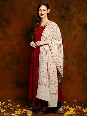 Off White Pashmina Sozni Shawl with Floral All Over Embroidery