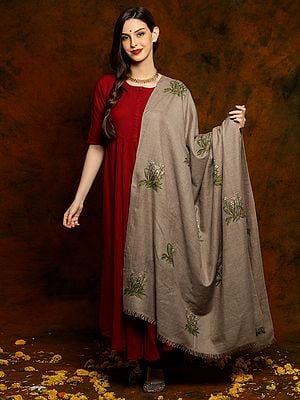 Dark Grey Pashmina Shawl with Sozni Floral Fine Mural Embroidery