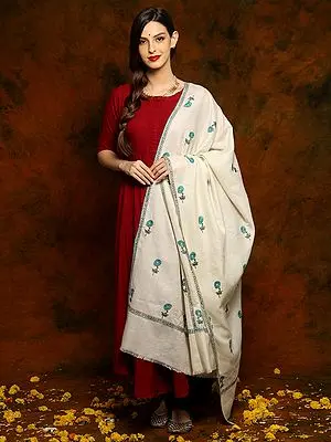 Off White Ladakhi Pashmina Shawl with Floral Embroidery