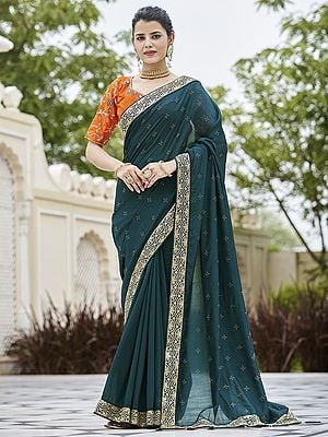 Heavy Vichitra Silk Embroidered Saree with Heavy Banglori Silk Blouse and Sequins, Swarovski, Jari, Dori Work