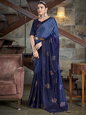 Navy-Blue Rangoli Silk Floral Embroidered Ombre Saree with Thread, Swarovski, Sequins, Diamond Work