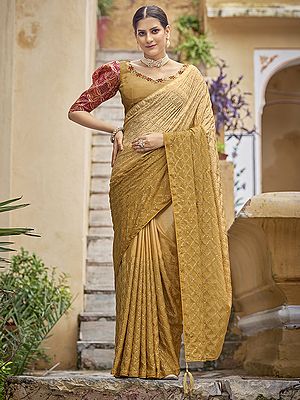 Yellow Chinon Embroidered Ombre Saree with All-Over Sequins-Thread Work and Latkan Pallu