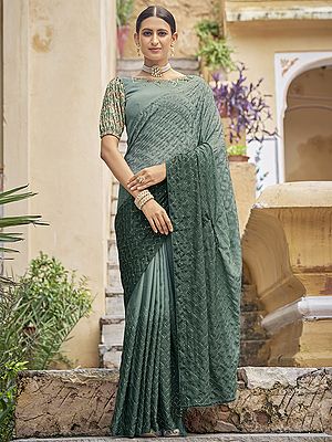 Green Chinon Gradient Saree with Sequins-Thread Embroidery and Tassel Pallu