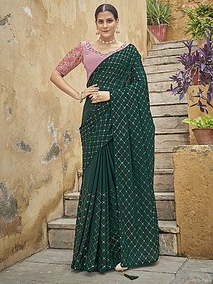 Green Chinon Diamond Line Pattern Sequins-Thread Embroidered Saree with Latkan Pallu