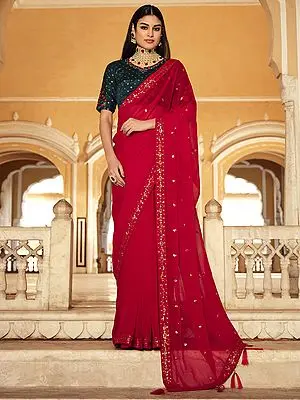 Chinon Red Saree with Green Blouse and Sequins-Thread Embroidery