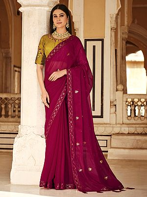 Rani Color Chinon Saree with Mustard Blouse and Floral Pattern Sequins-Tthread Embroidery