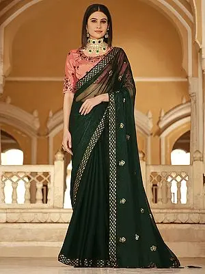 Green Chinon Phool Motif Saree with Peach Blouse and Sequins-Thread Embroidery on The Border & Pallu