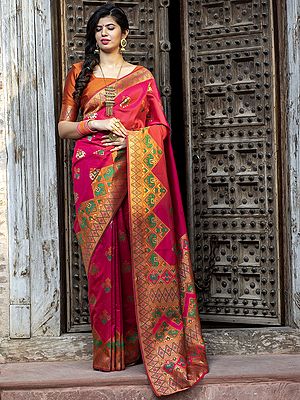 Patola Silk Saree with Blouse and All-Over Birds-Elephant Motif