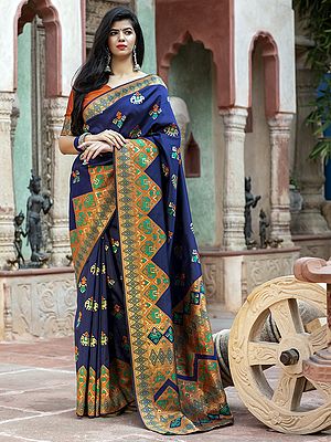 Patola Silk Saree with Blouse and All-Over Birds-Elephant Motif