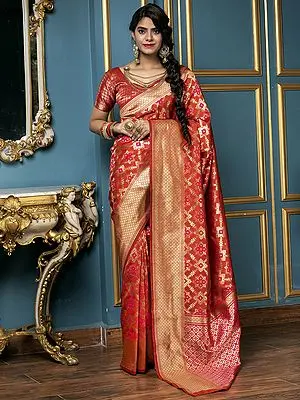 Rani Color Banarasi Silk Zari Weave Saree with Matching Blouse and Broad Border