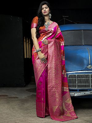 Pink Banarasi Silk Check Zari Woven Saree with Blouse and Floral Pattern Pallu-Border